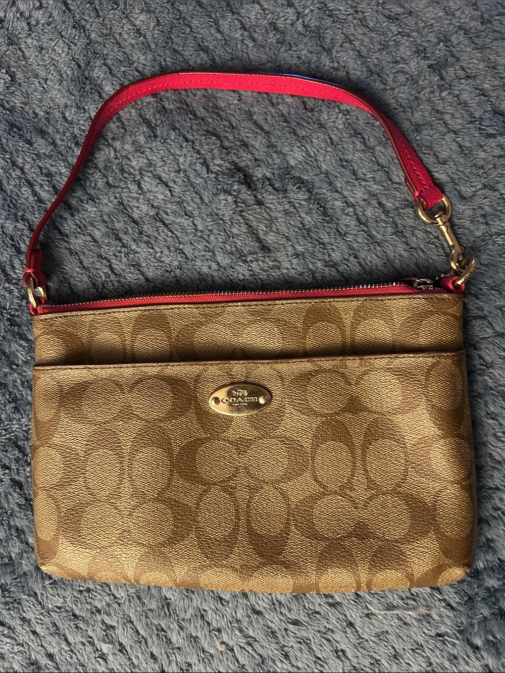 Coach Brown Signature Clutch/Wristlet with Pink Strap